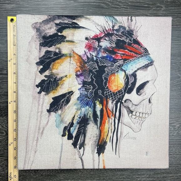 Watercolor Skull With Indian Headdress Textured 16x16 Wrapped Frame Native - Picture 5 of 7